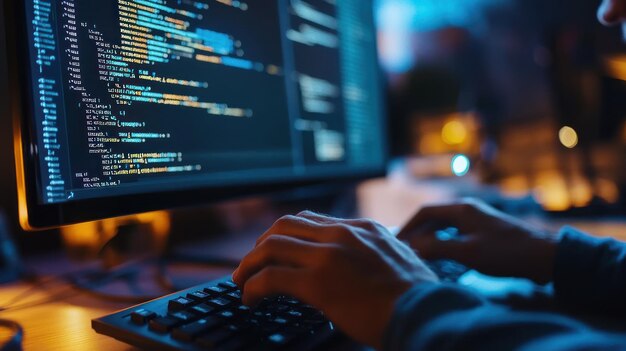 a person coding on a keyboard with a computer screen displaying programming code