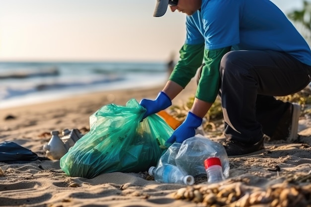 Person collecting plastic garbage on the beach Generative ai