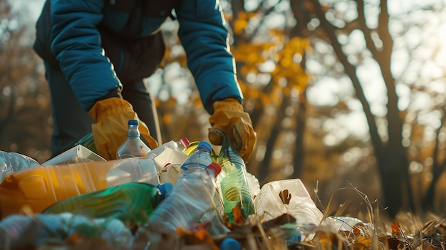 プラスチックの廃棄物を集める人 文字の空きスペースを含むボトル 環境を救うコンセプト 生成的なAI