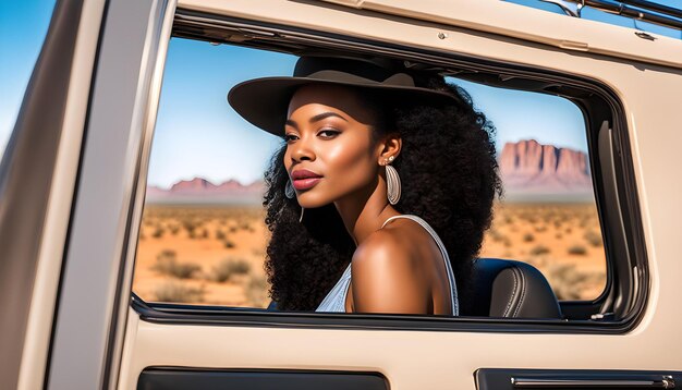 Photo person of color on street enjoying window view of desert