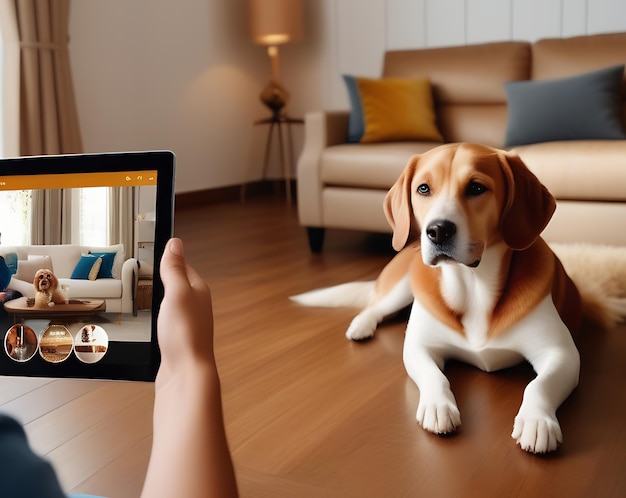 A person communicates on a tablet with a veterinarian consultant his dog lies next to him