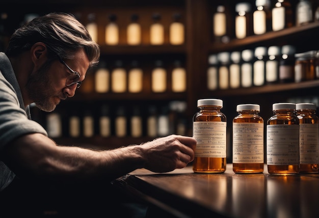 A person comparing two prescription bottles and reading the labels carefully Generative AI
