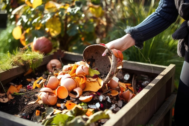 Person composting food waste in backyard garden created with generative ai