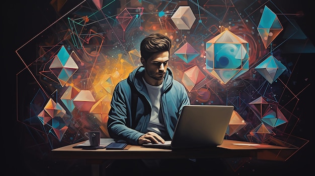 A person at a computer with geometric and abstract shapes background generative ai