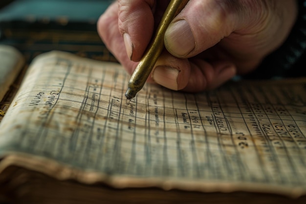 A person concentrates as they use a pen to write on the pages of a book Hand inking numbers into an old accounting book AI Generated