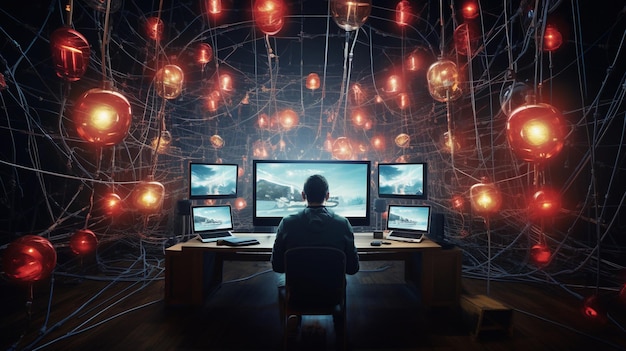 Человек, подключенный кабелем к большому компьютеру, через комнату куча мониторов, лампочки