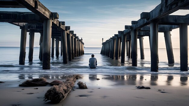 Photo a person in contemplation on a weathered pier