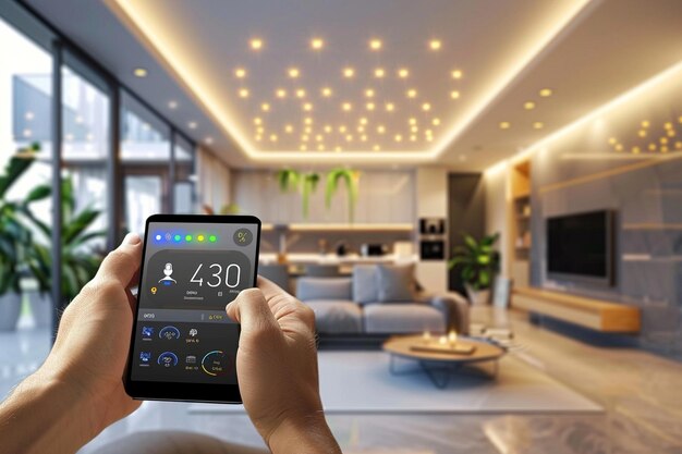 Photo person controlling smart energy usage in home