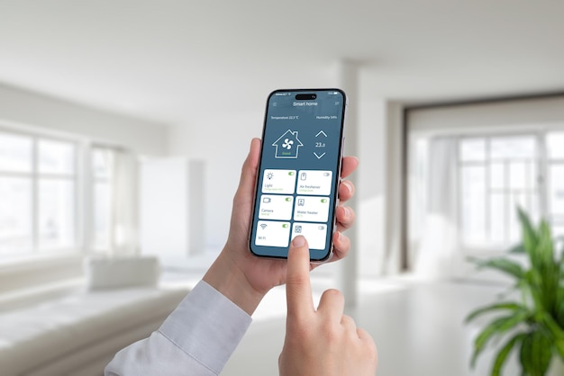 Person controls the temperature and lighting in the house with the help of an app on a mobile phone A modern smart home application with the most important smart controls