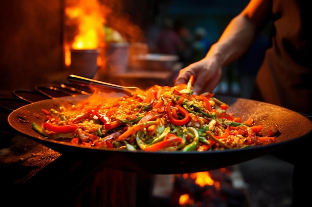 Photo a person cooking food with a pan of food on the grill