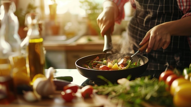 Person cooking vegetables in pan on stove with fresh ingredients around