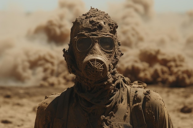 a person covered in dirt with a gas mask Generative ai