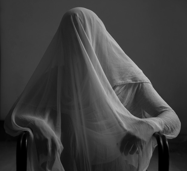 Foto persona coperta di tessuto seduta su una sedia