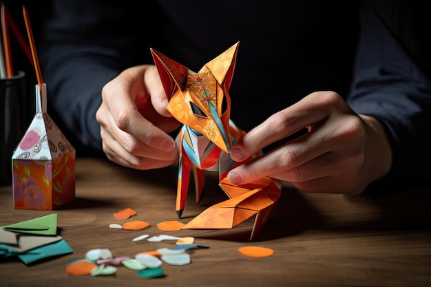 Person creating intricate origami fox from colored paper created with generative ai