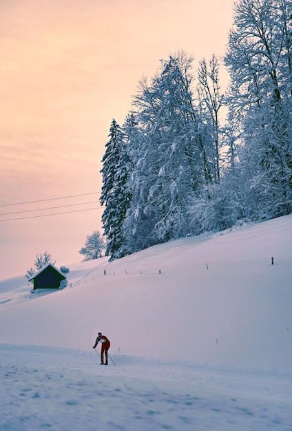person cross-country skiing on snow covered land against sky
