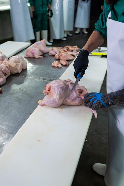 A person cutting a chicken on a table