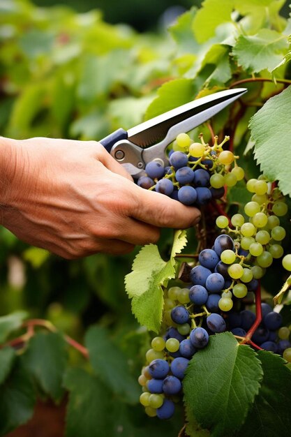 a person cutting grapes with a pair of scissors