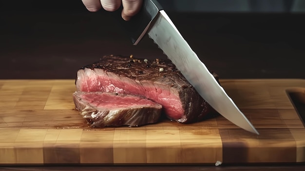 Photo person cutting a slice of rare steak on a cutting board generative ai