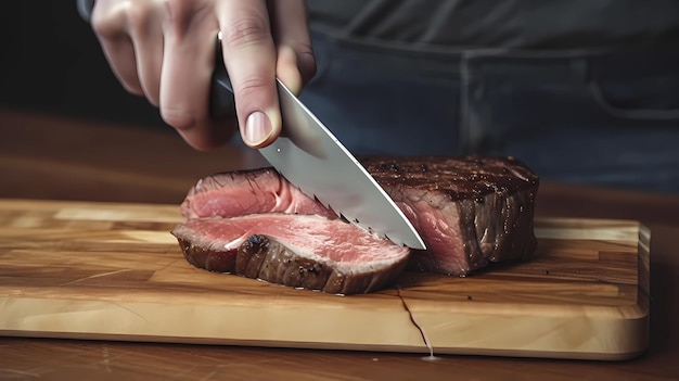 Photo person cutting a slice of rare steak on a cutting board generative ai