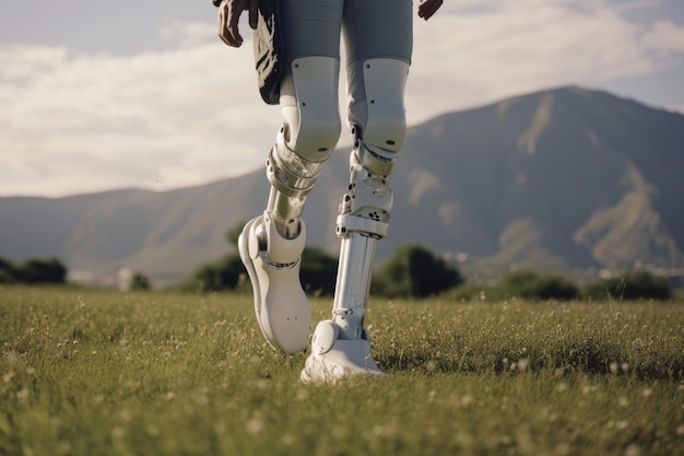 Человек-киборг ходит по горной траве Генерировать AI