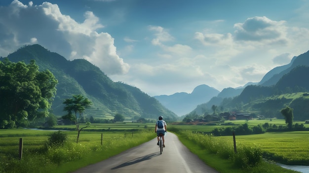 A person cycling along a scenic countryside road