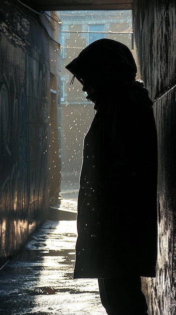 Person in Dark Hooded Jacket Standing in Shadowy Darkness