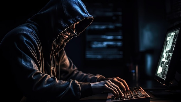 A person in a dark room with a hoodie on typing on a keyboard.