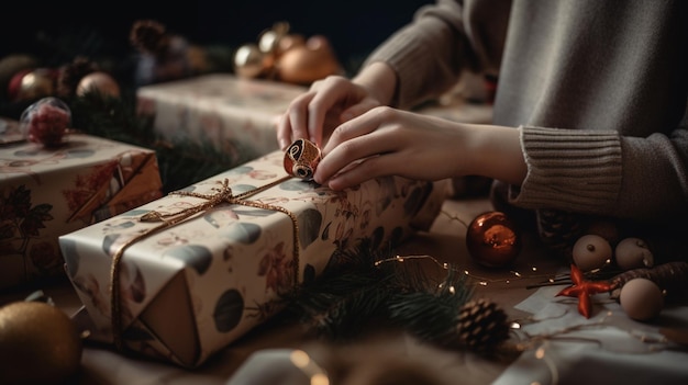 A person decorating a christmas present with a christmas tree in the background