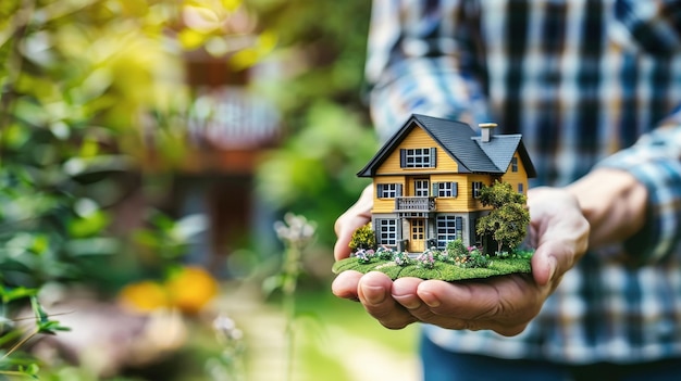 A person delicately cradles a small house in their hands symbolizing the concept of homeownership and the real estate industry