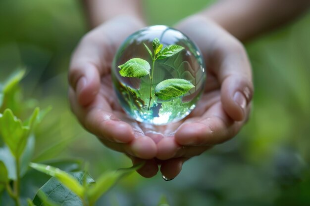 A person delicately holds a glass ball containing a vibrant plant creating a whimsical and enchanting scene