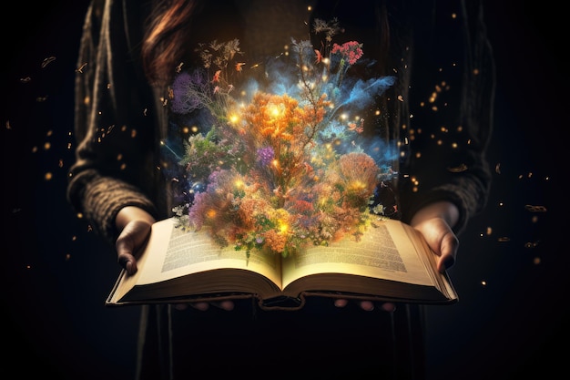 Foto una persona tiene delicatamente un libro aperto mentre un allegro mazzo di fiori adorna le sue pagine un insegnante tiene un libro aperto con elementi magici che escono generati dall'ia