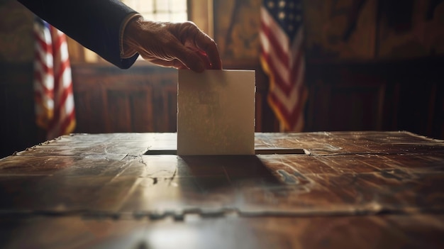 Photo person depositing voting card into ballot box