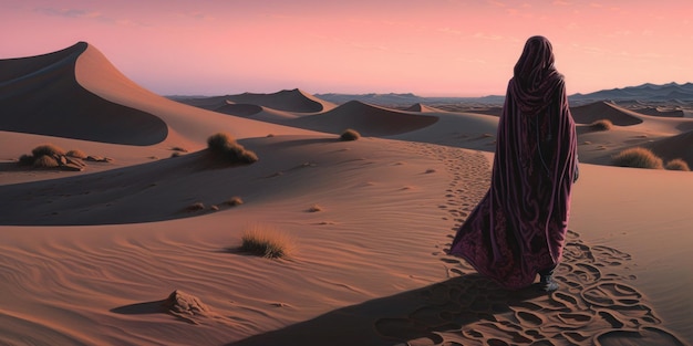 A person in a desert with a purple blanket on their back