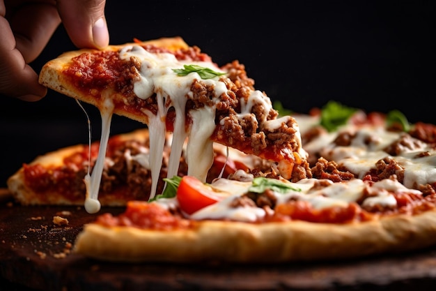 Foto una persona che immerge una fetta di pizza di carne in un lato di condimento di ranch