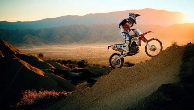 A person on a dirt bike is riding on a dirt track with mountains in the background.