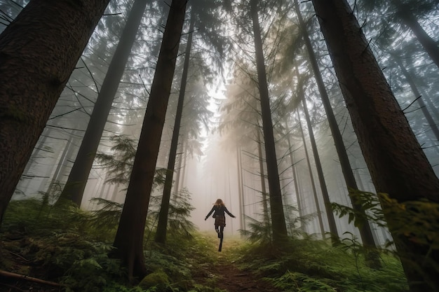 Photo a person doing parkour in the forest generative ai