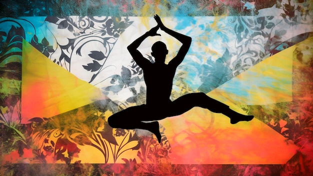 A person doing a yoga pose with a colorful background