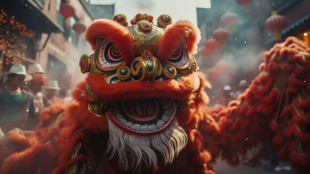 Person in Dragon Costume Walking Down a Street Chinese new year
