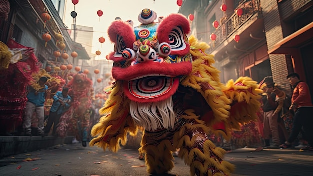 通りを歩くドラゴンの衣装を着た人 中国の旧正月