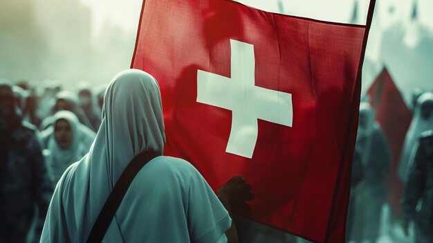 A person draped in a hijab holds up the Swiss flag with a blurred crowd in the background