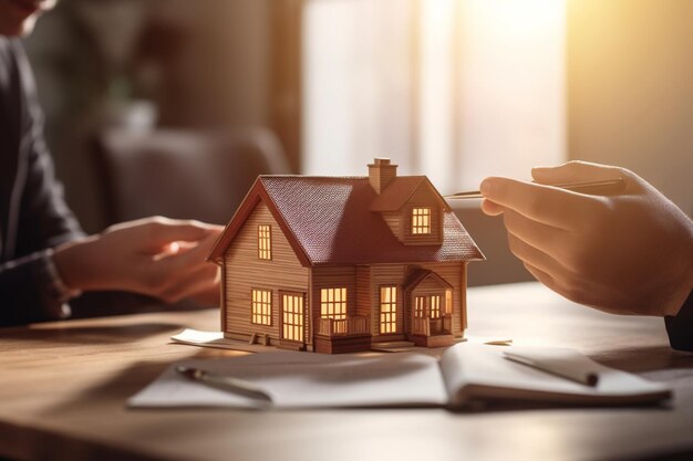 A person drawing a model of a house on a desk.