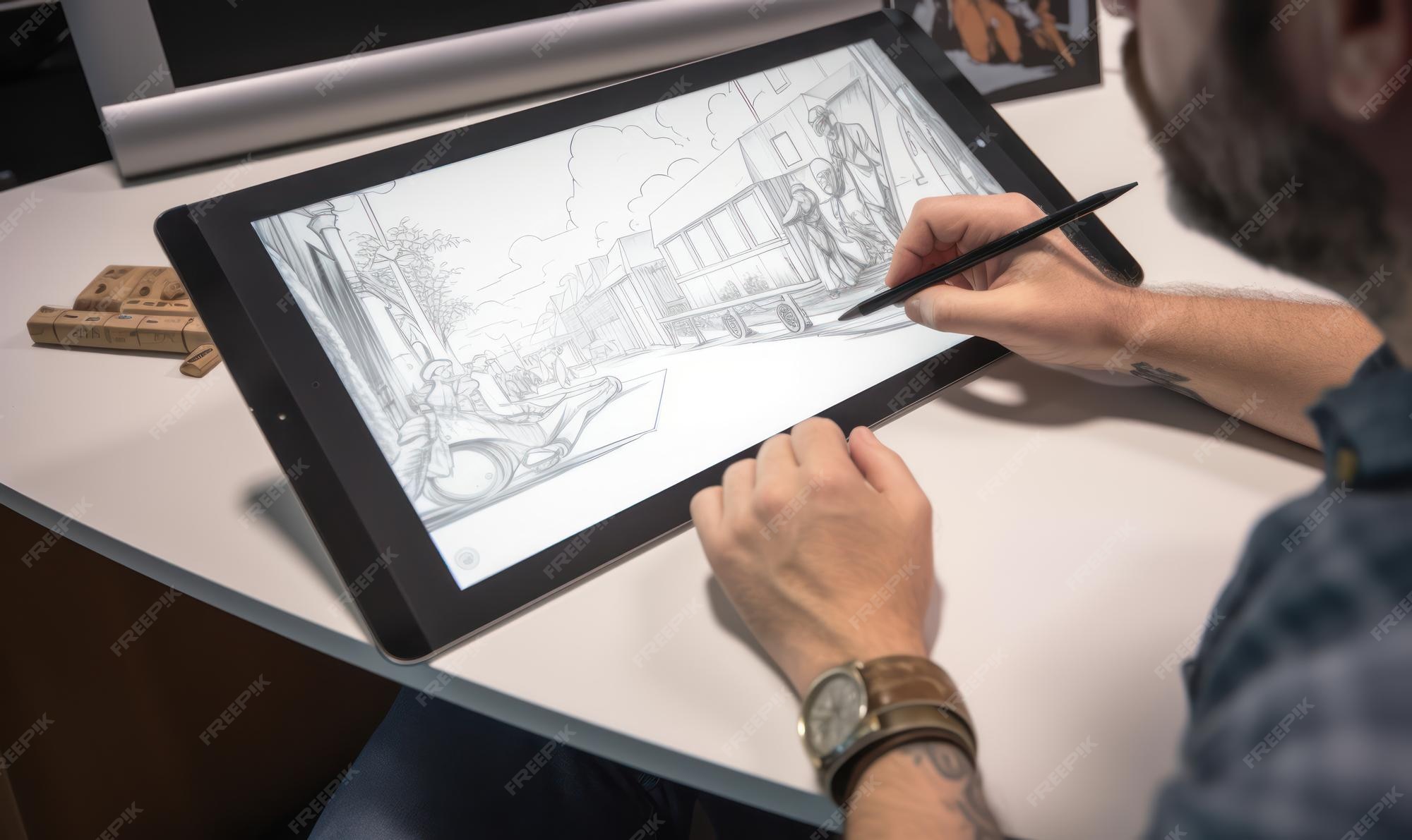 Premium Photo A person drawing a sketch of a building on a tablet