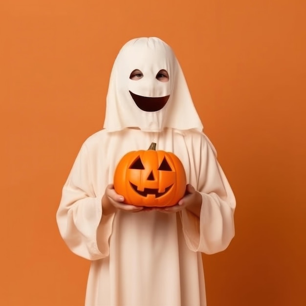 a person dressed as a ghost holding a pumpkin.