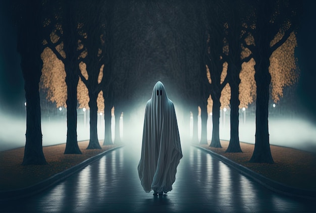 A person dressed in ghost stands on a park pathway