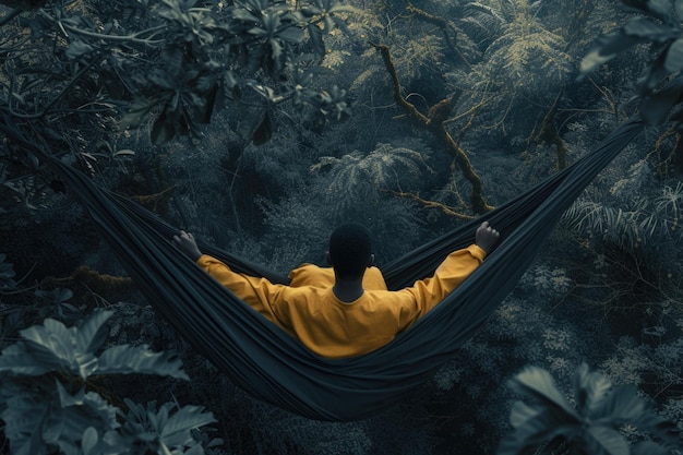 a person dressed in a yellow shirt sitting in a hammock in the style of dark green