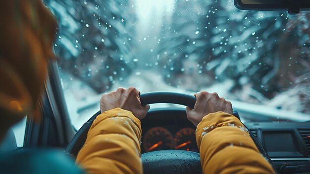 Foto una persona che guida una macchina nella neve