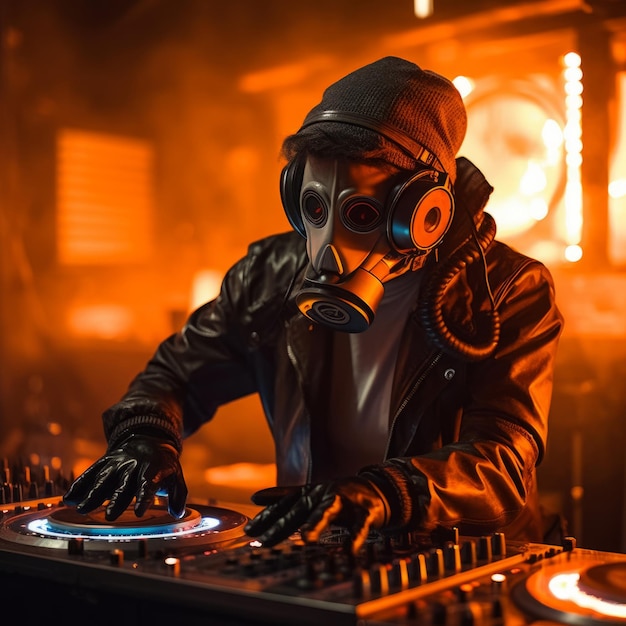 person driving a dj console with old gas mask with orange lighting