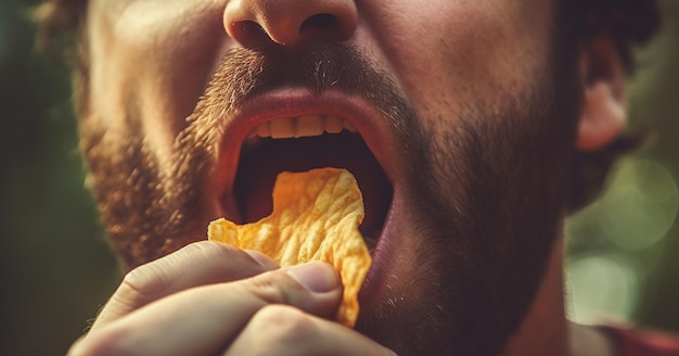 Foto persona che mangia deliziose patatine a bocca chiusa mangia patatine a bocca chiuse con i denti gustosi