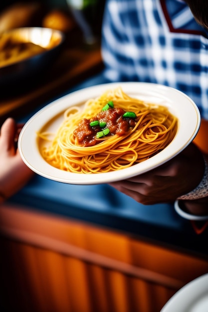 A person eats pasta from a plate