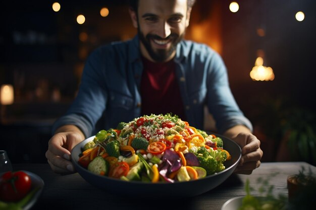 Person enjoying a colorful salad with a variety Generative ai